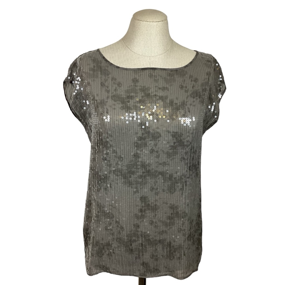Eileen Fisher Silk Ballet Neck Cap Sleeve Sequined Blouse Top